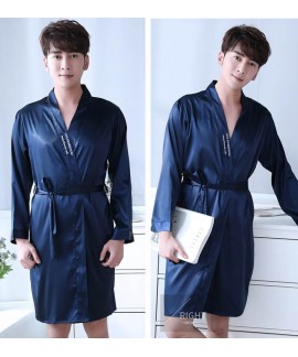 Pure Color Silk Night wear Mens Korean Nightgowns Thin Loose Summer Bathrobe Home Service