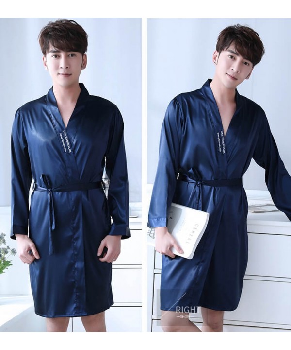 Pure Color Silk Night wear Mens Korean Nightgowns Thin Loose Summer ...