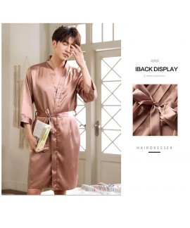 Pure Color Silk Night wear Mens Korean Nightgowns Thin Loose Summer Bathrobe Home Service