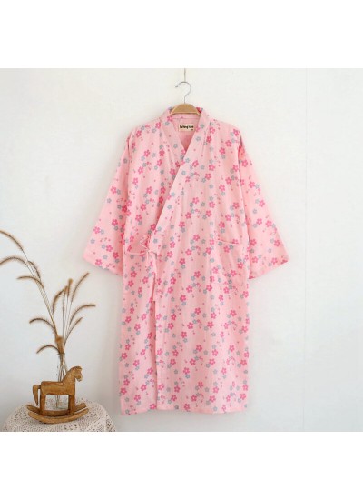 New Ladies Thin Gauze Cotton Cherry Blossom Print Kimono Nightgown Robe Summer Mid Calf Nightwear Female