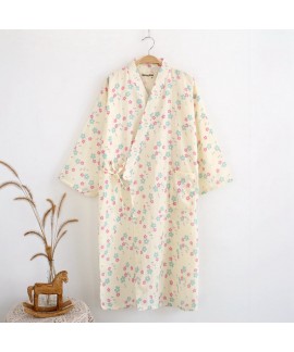 New Ladies Thin Gauze Cotton Cherry Blossom Print Kimono Nightgown Robe Summer Mid Calf Nightwear Female