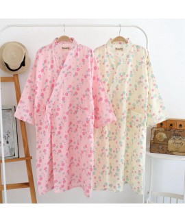 New Ladies Thin Gauze Cotton Cherry Blossom Print Kimono Nightgown Robe Summer Mid Calf Nightwear Female