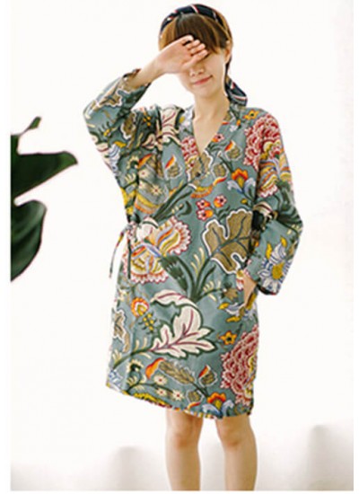 Pajama Women Cotton Robe Rainforest Floral Japanese Nightgown Large Size Long Sleeve Yukata Sleepwear Famale Home Service Wholesale and Retail