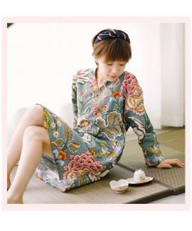 Pajama Women Cotton Robe Rainforest Floral Japanese Nightgown Large Size Long Sleeve Yukata Sleepwear Famale Home Service Wholesale and Retail