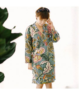 Pajama Women Cotton Robe Rainforest Floral Japanese Nightgown Large Size Long Sleeve Yukata Sleepwear Famale Home Service Wholesale and Retail
