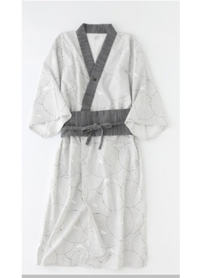 Pure Cotton Japanese Men's Pajamas With Belt Robe Summer White Print Nightgown Retro Nightdress Wholesale and Retail