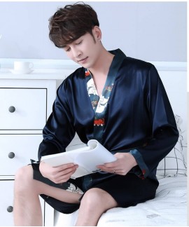 Print Silk Robes Mens Spring Summer Male Satin Nig...