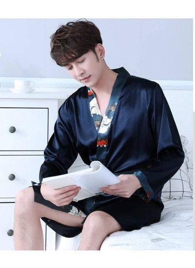 Print Silk Robes Mens Spring Summer Male Satin Nightwear Long Sleeve kimono Plus Size Bathrobe For Men