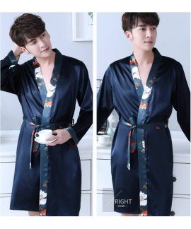 Print Silk Robes Mens Spring Summer Male Satin Nightwear Long Sleeve kimono Plus Size Bathrobe For Men