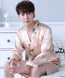 Print Silk Robes Mens Spring Summer Male Satin Nightwear Long Sleeve kimono Plus Size Bathrobe For Men