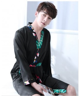 Print Silk Robes Mens Spring Summer Male Satin Nightwear Long Sleeve kimono Plus Size Bathrobe For Men