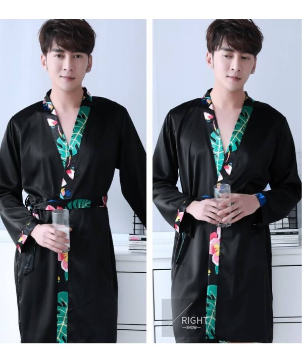 Print Silk Robes Mens Spring Summer Male Satin Nightwear Long Sleeve kimono Plus Size Bathrobe