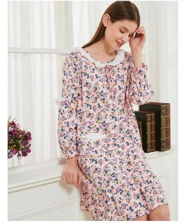 Cotton Korean Sweet Floral Long Loose Nightdress S...