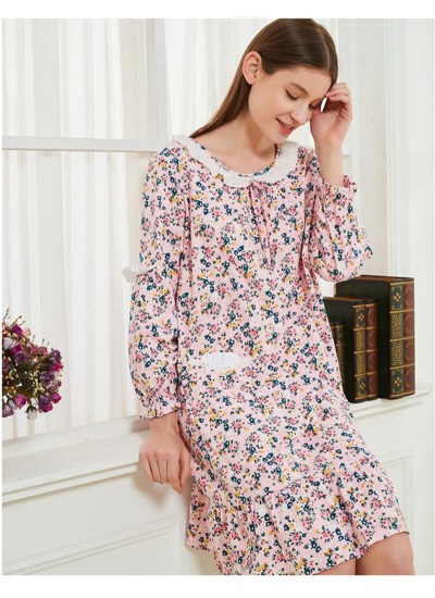 Cotton Korean Sweet Floral Long Loose Nightdress Spring Autumn Women Long Sleeves Nightgown