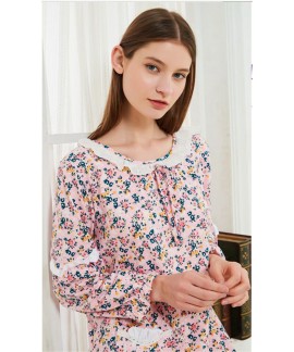 Cotton Korean Sweet Floral Long Loose Nightdress Spring Autumn Women Long Sleeves Nightgown