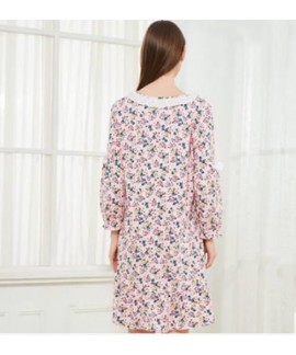 Cotton Korean Sweet Floral Long Loose Nightdress Spring Autumn Women Long Sleeves Nightgown