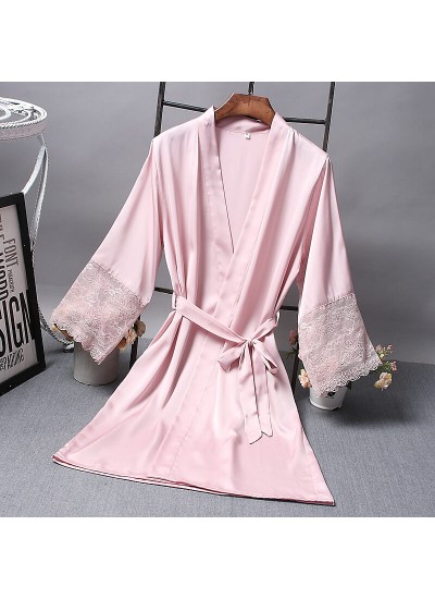 Silk Satin Pure Color Sexy Lace Nightdress Women Silk Nightgown Spring Summer Robes Bathrobe Kimono