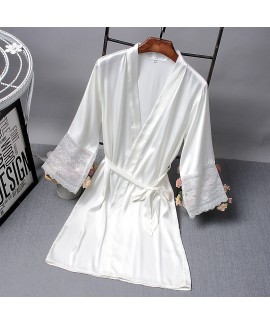 Silk Satin Pure Color Sexy Lace Nightdress Women Silk Nightgown Spring Summer Robes Bathrobe Kimono