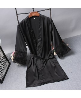 Silk Satin Pure Color Sexy Lace Nightdress Women Silk Nightgown Spring Summer Robes Bathrobe Kimono