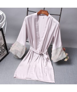 Silk Satin Pure Color Sexy Lace Nightdress Women Silk Nightgown Spring Summer Robes Bathrobe Kimono