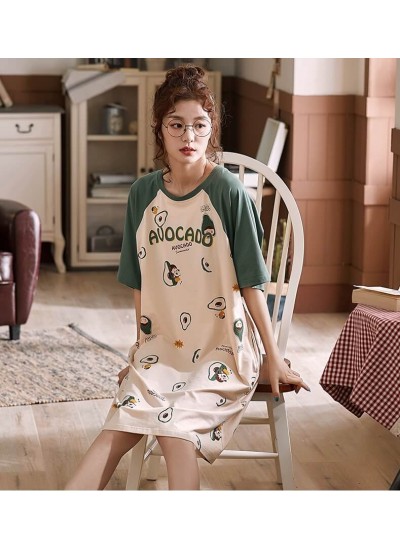 New Summer Cartoon Fruits Print 100% Cotton Women Plus Size Short-sleeves Nightgown Female Sleepshirts