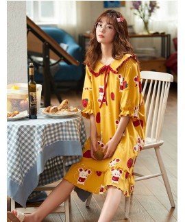 Female Cartoon Print Pajamas Cotton Summer Thin Nightgown Short Sleeve Korean Cute Nightdress Women Sleepwear