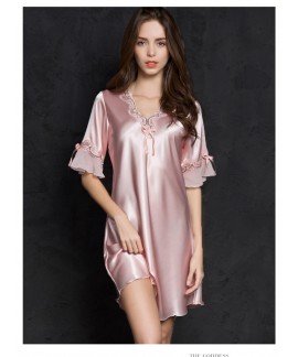 Sexy Women Silk Satin Sleepwear Half Sleeve Embroi...