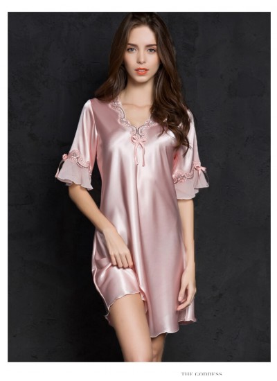 Sexy Women Silk Satin Sleepwear Half Sleeve Embroidery Nightdress Summer Lingerie Plus Size Female Nightie