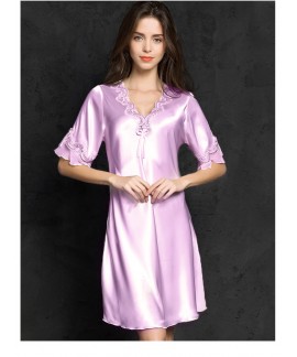 Sexy Women Silk Satin Sleepwear Half Sleeve Embroidery Nightdress Summer Lingerie Plus Size Female Nightie