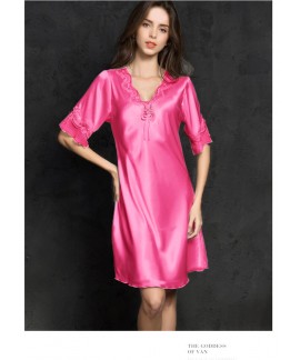 Sexy Women Silk Satin Sleepwear Half Sleeve Embroidery Nightdress Summer Lingerie Plus Size Female Nightie