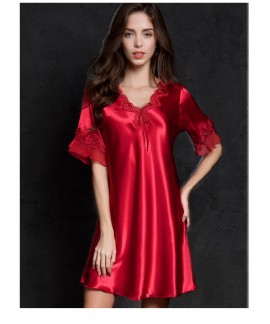 Sexy Women Silk Satin Sleepwear Half Sleeve Embroidery Nightdress Summer Lingerie Plus Size Female Nightie