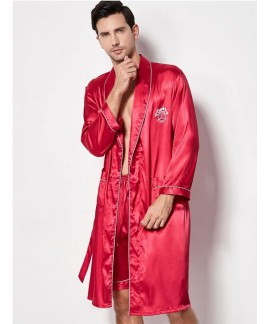 Silk Two-piece Suit Print Nightgown For Men Spring Summer Red Wedding Pajamas Male Long Sleeves Thin Nightwear Wholesale and Retail
