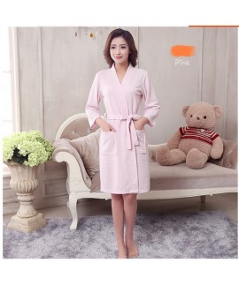 Waffle Softy Bathrobe Female Cotton Long Sleeve Pure Color Nightgown Women Spring Autumn Nightwear