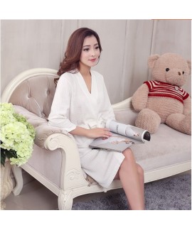 Waffle Softy Bathrobe Female Cotton Long Sleeve Pure Color Nightgown Women Spring Autumn Nightwear