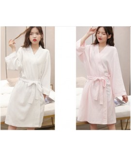 Waffle Softy Bathrobe Female Cotton Long Sleeve Pure Color Nightgown Women Spring Autumn Nightwear