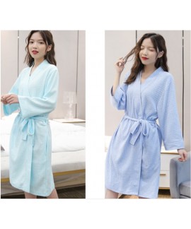 Waffle Softy Bathrobe Female Cotton Long Sleeve Pure Color Nightgown Women Spring Autumn Nightwear