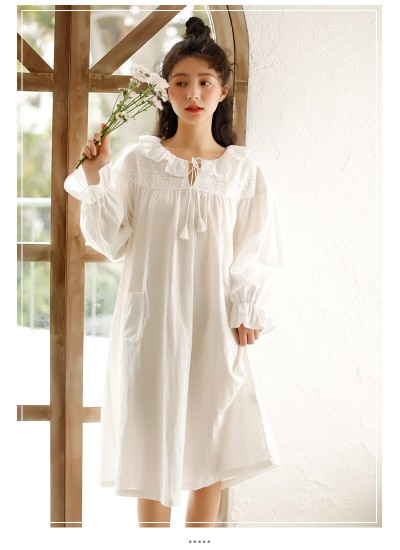 Vintage VS Cotton Women Nightdress White Long Sleeve Round Neck Lacy Flounce Cuff Princess Nightshirt Spring Pajamas