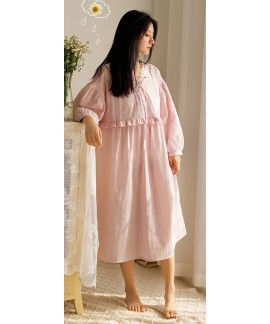 Vintage VS Cotton Women Nightdress White Long Sleeve Round Neck Lacy Flounce Cuff Princess Nightshirt Spring Pajamas