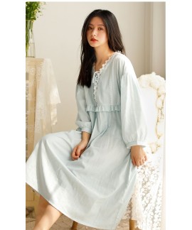 Vintage VS Cotton Women Nightdress White Long Sleeve Round Neck Lacy Flounce Cuff Princess Nightshirt Spring Pajamas