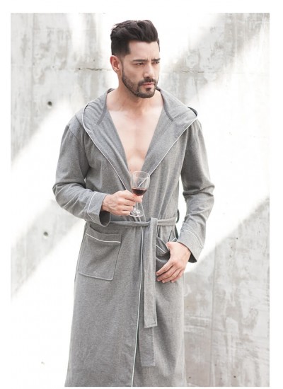 Men's Spring Autumn Cotton Nightgown Grey Long Sleeve V Neck Bathrobe Plus Size Hooded Pajamas