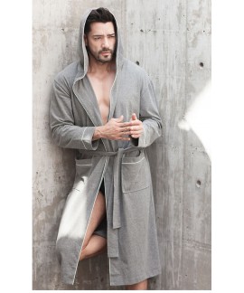 Men's Spring Autumn Cotton Nightgown Grey Long Sleeve V Neck Bathrobe Plus Size Hooded Pajamas