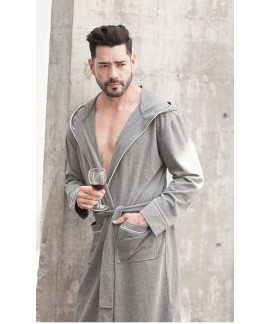 Men's Spring Autumn Cotton Nightgown Grey Long Sleeve V Neck Bathrobe Plus Size Hooded Pajamas