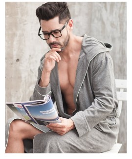 Men's Spring Autumn Cotton Nightgown Grey Long Sleeve V Neck Bathrobe Plus Size Hooded Pajamas