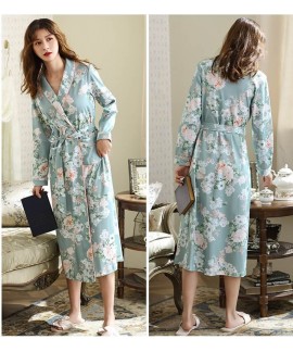 Womens 100% Cotton Nightgown Flower Print Robe V Neck Pockets Oversized Loose Long Spring Autumn Pajama Wholesale and Retail