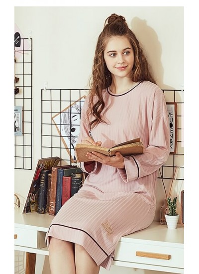 Spring Autumn Cotton Slim Pajamas Women's Nightdress Long Sleeved Striped Skirt Summer Korean Cute Soft Home Service Nightgown