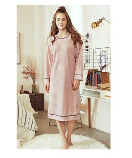 Spring Autumn Cotton Slim Pajamas Women's Nightdress Long Sleeved Striped Skirt Summer Korean Cute Soft Home Service Nightgown