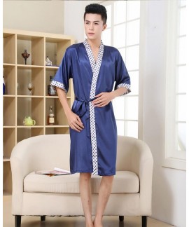 Men's Ice Silk Plaid Print Nightgown Spring Summer...