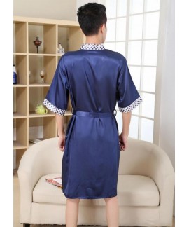 Men's Ice Silk Plaid Print Nightgown Spring Summer Luxury Bathrobes Short-sleeved V Neck Thin Wholesale and Retail