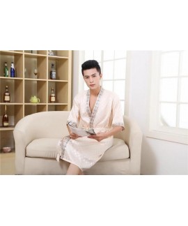 Men's Ice Silk Plaid Print Nightgown Spring Summer Luxury Bathrobes Short-sleeved V Neck Thin Wholesale and Retail