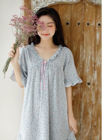 Korean Ladies Floral Bow Cotton Nightdress V Neck Oversized Summer Sweet Student Home Skirt Wholesale and Retail